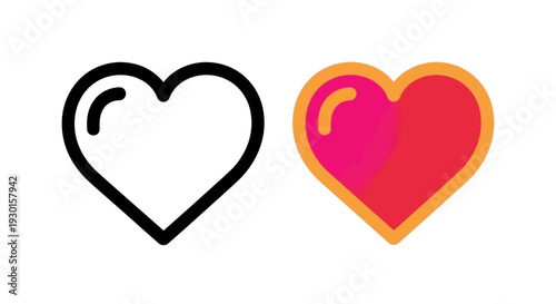 Two distinct heart icon styles are displayed side by side featuring a simple black outline version next to a vibrant filled color graphic representing love and affection