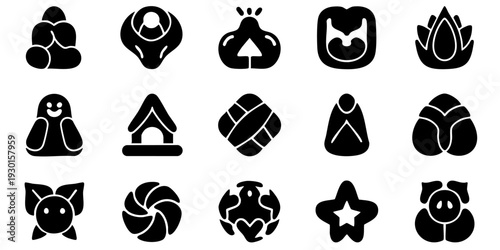 Collection of simple black icons representing various objects and symbols on a white background viewed from a straightforward perspective