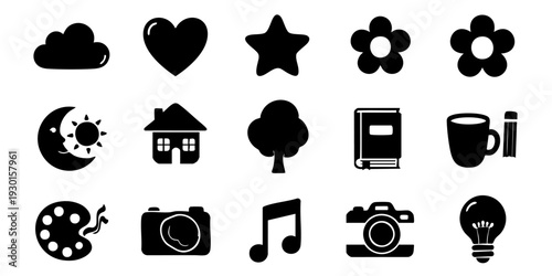 Collection of black icons representing various concepts on a white background viewed from a straightforward perspective