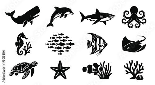Marine life icon collection, minimal black animal silhouettes.