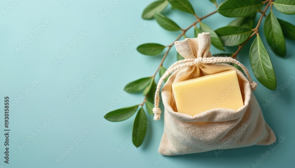 Naklejka premium Light yellow bar soap inside beige cloth bag with green leaves on light blue backdrop. Natural hygiene product, organic skincare, eco friendly cleaning solution.