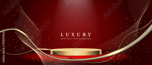 Abstract red luxury background with golden podium ribbon glitter elements and decoration design modern product show room vector