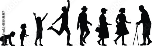 Vector silhouette set of human life stages from childhood to old age featuring boy jumping, walking man, and elderly woman