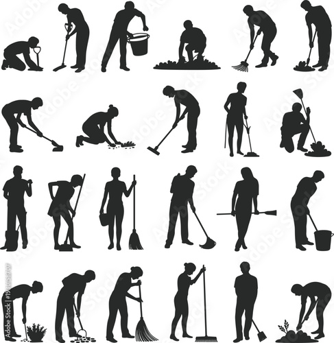 Vector silhouette set of people cleaning, gardening, sweeping, raking leaves, and using shovels isolated on white background for housework and chores.