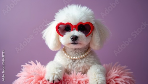Fluffy white poodle puppy wears heart sunglasses and pearl necklace. Cute dog poses in pink fluffy bed against purple background. Adorable pet dressed up for fashion shoot.