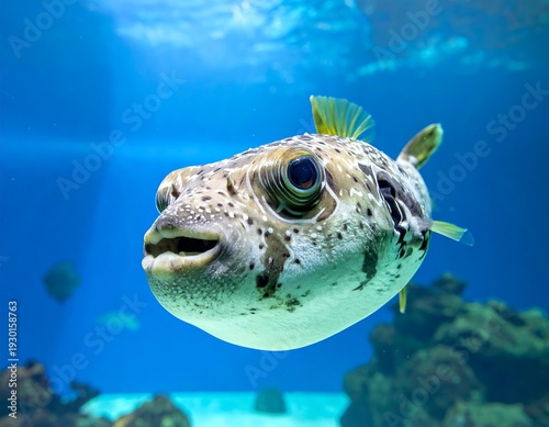 A large pufferfish with distinctive spots and fins swims underwater