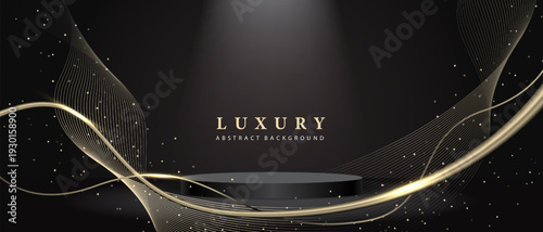 Abstract black luxury podium background with golden ribbon glitter elements and decoration design modern product show room vector