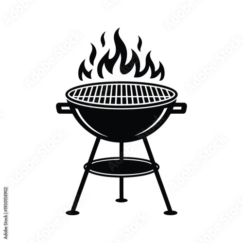 Black and white illustration of a round barbecue grill with flames