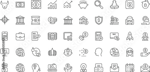 Vector line icon set of banking finance, money savings, investment growth, currency exchange, credit cards, and online payment business symbols