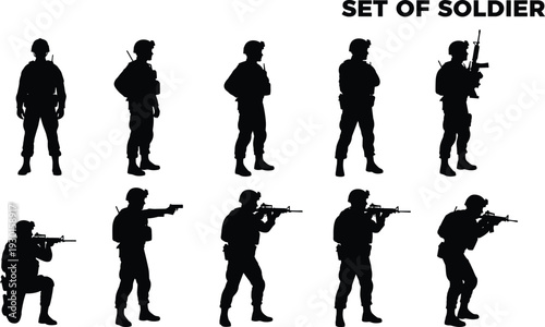 Soldier silhouettes, military poses, combat stances, tactical figures, armed forces illustration, rifle holding soldiers, war concept, defense training, army design
