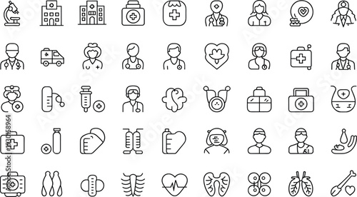 Vector line icon set of medical healthcare featuring doctors, hospital building, ambulance, medicine first aid kit, stethoscope, and human organs.
