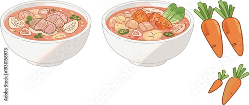 Spicy Noodle Soup Bowl Vector Illustration with Meat, Vegetables and Fresh Carrots