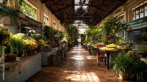 Authentic Local Traditional Market with Hanging Flowers and Fresh Produce