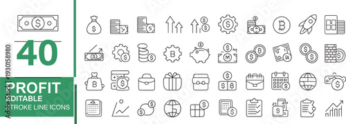 Vector line icon set of human resources management, business profit growth, financial investment, corporate teamwork, and career development symbols.