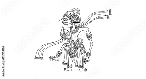 Traditional Indonesian Wayang Kulit Puppet Character, Black and White Line Art