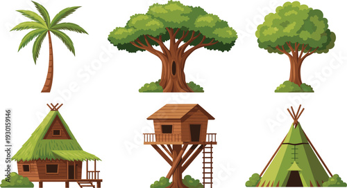 Jungle Tree and Wooden Treehouse Collection with Palm Tropical Trees Hut and Teepee Vector Illustration Set