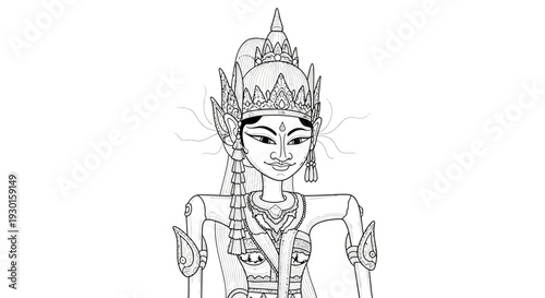 Traditional Indonesian Wayang Kulit Puppet Character, Line Art Illustration