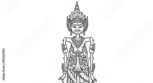 Traditional Indonesian Wayang Kulit Puppet: Detailed Line Art Illustration
