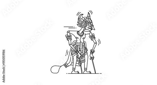 Traditional Indonesian Wayang Kulit Puppet Character, Line Art Illustration