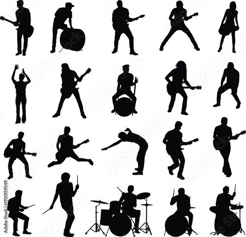 Vector silhouette set of rock band musicians featuring guitarists, bass players, and drummers performing on stage isolated on white background