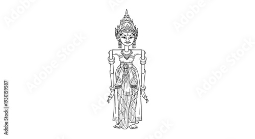 Traditional Indonesian Wayang Kulit Puppet, Hand-Drawn Illustration