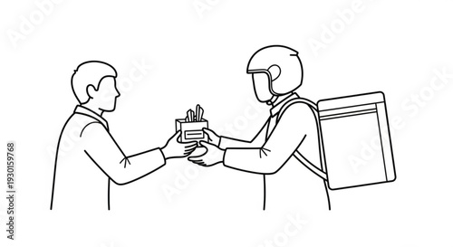 A delivery person in a helmet hands over a package to a customer standing outdoors in a simple, illustrative style.