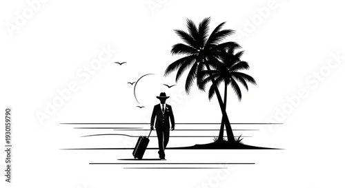 A lone traveler with a suitcase walks towards a tropical island with palm trees and seagulls flying overhead from a distant viewpoint