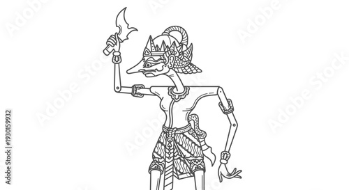 Traditional Indonesian Wayang Kulit Shadow Puppet Character with Kris Dagger