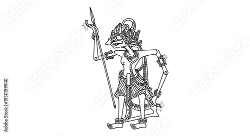 Traditional Indonesian Wayang Kulit Shadow Puppet Character with Spear
