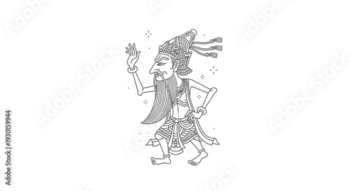 Traditional Indonesian Wayang Kulit Shadow Puppet Character, Hand-Drawn Line Art