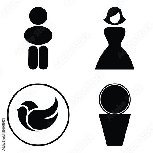 Collection of simple black icons representing people silhouettes and a bird logo isolated on white