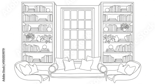 Black and White Bookshelf Illustration.