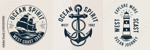Nautical emblems and logos with ship, anchor, lighthouse, text for ocean spirit and west coast exploration themes