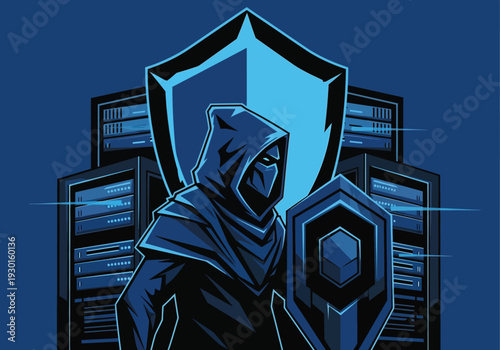 Cyber security warrior guarding server racks with a glowing blue shield