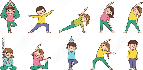 Kids Practicing Yoga and Stretching Poses Collection Healthy Active Children Exercise Vector Illustration Set