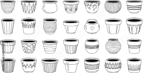 Hand-Drawn Plant Pots Collection. Detailed black and white line art set of various decorative planters with diverse shapes and patterns for gardening and home decor projects.