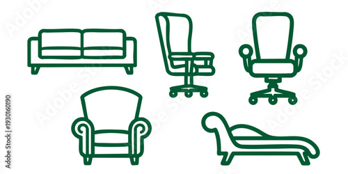 Collection of modern furniture pieces including sofa, office chair, armchair, and recliner in simple line art style