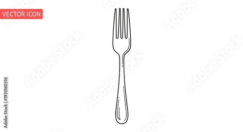 Simple Line Drawing of a Metal Fork on a White Background, Vector Icon