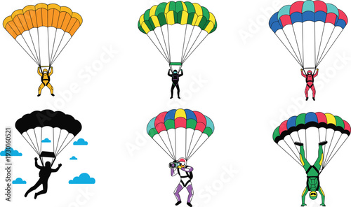 Skydiving and Parachute Jumpers Collection with Colorful Canopies Extreme Sport Vector Illustration Set
