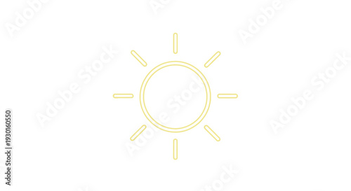 Simple Yellow Sun Icon with Rays on White Background, Minimalist Line Art