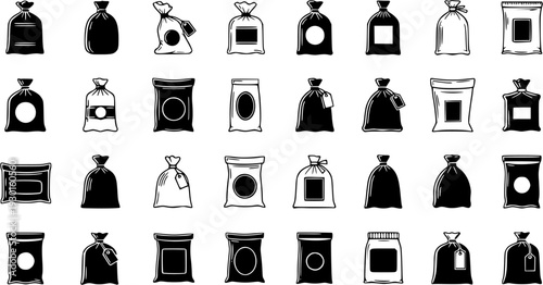 Set of diverse packaging bags and sacks vector icons, featuring various styles for dry goods like coffee, flour, tea, and sugar in outline and solid black designs.