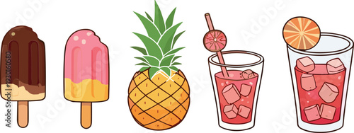 Summer Ice Cream Popsicles Pineapple and Fresh Fruit Cocktails Hand Drawn Vector Illustration Set
