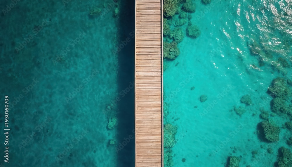 Obraz premium Aerial view of wooden pier over clear turquoise sea water. Tropical island paradise with shallow reefs and sandy seabed. Peaceful ocean landscape for vacation and travel.
