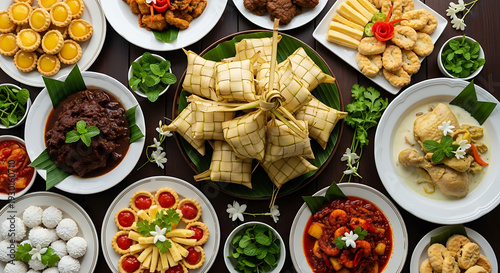 Wallpaper Mural Flatlay of Traditional Indonesian Eid al-Fitr Feast Serving Ketupat, Rendang, and Chicken Opor, Concept of Ramadan Celebration, Halal Culinary, and Islamic Culture Lifestyle. Torontodigital.ca