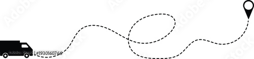 Curve dotted line with delivery truck and location pointer on isolated transparent background 