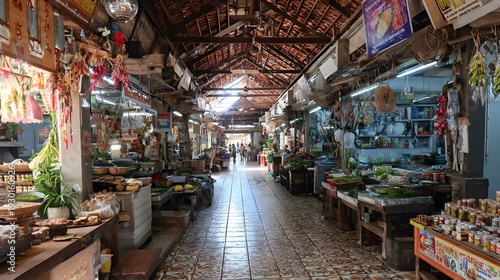 Authentic Local Traditional Market with Hanging Flowers and Fresh Produce