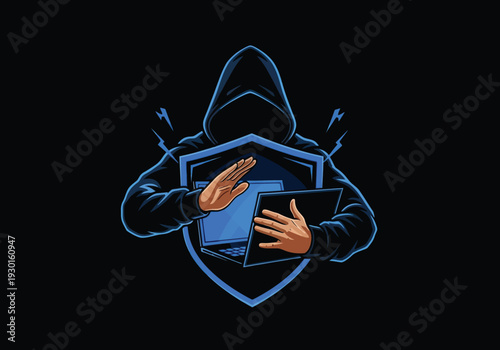 Hacker in black hoodie protecting laptop with blue shield icon