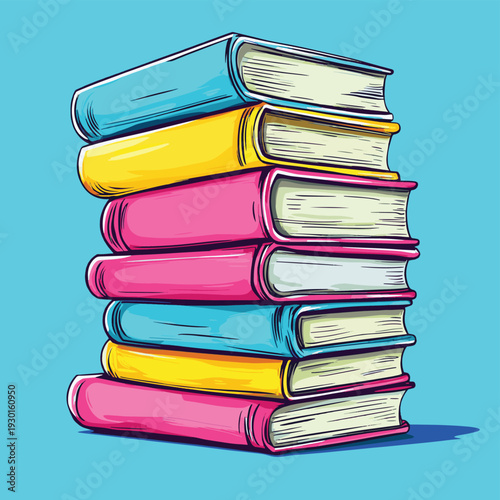 Colorful stack of books in bright pink, yellow, and turquoise for reading , vector style simple color