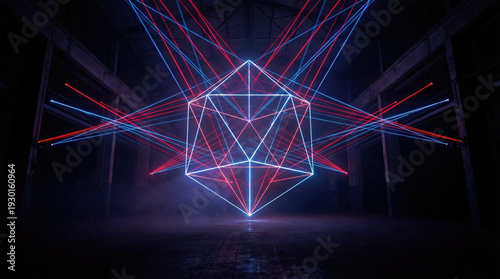 Futuristic 3D Geometric Laser Installation, Neon Polyhedron Sculpture in Dark Industrial Warehouse