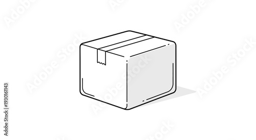 Simple Line Drawing of a Cardboard Box, Isometric View, Isolated on White Background